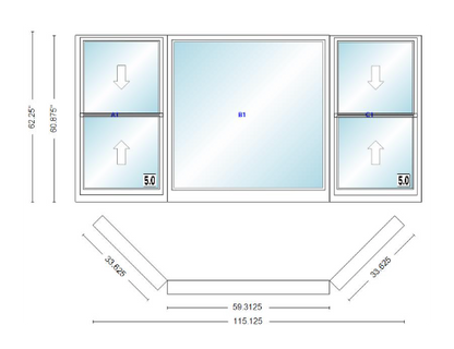 Andersen 400 Series Double Hung Bay Window 115 1/8" Wide Picture With Double Hung Flankers 45 Degree Angle Of Deflection Vinyl Exterior Wood Interior Low-E4 Dual Pane Argon Gas
