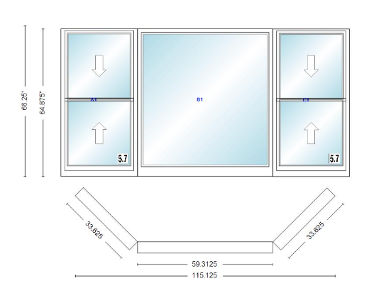 Andersen 400 Series Double Hung Bay Window 115 1/8" Wide Picture With Double Hung Flankers 45 Degree Angle Of Deflection Vinyl Exterior Wood Interior Low-E4 Dual Pane Argon Gas