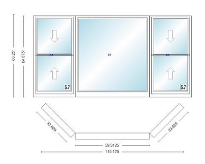 Andersen 400 Series Double Hung Bay Window 115 1/8" Wide Picture With Double Hung Flankers 45 Degree Angle Of Deflection Vinyl Exterior Wood Interior Low-E4 Dual Pane Argon Gas
