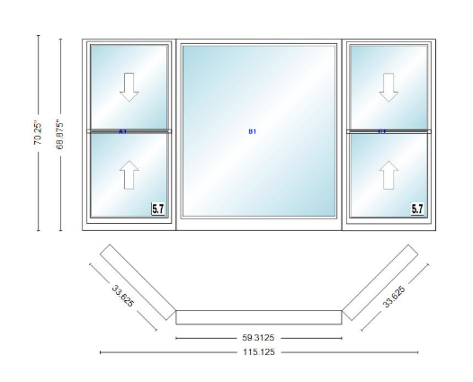 Andersen 400 Series Double Hung Bay Window 115 1/8" Wide Picture With Double Hung Flankers 45 Degree Angle Of Deflection Vinyl Exterior Wood Interior Low-E4 Dual Pane Argon Gas
