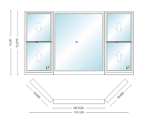 Andersen 400 Series Double Hung Bay Window 115 1/8" Wide Picture With Double Hung Flankers 45 Degree Angle Of Deflection Vinyl Exterior Wood Interior Low-E4 Dual Pane Argon Gas