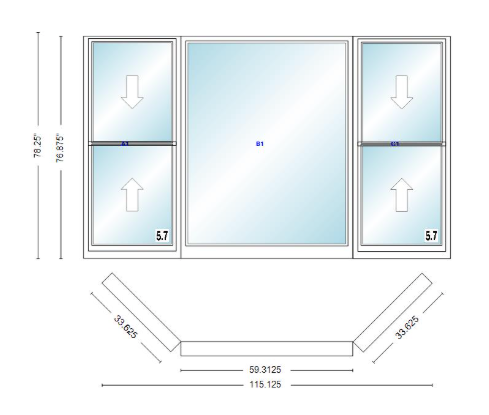 Andersen 400 Series Double Hung Bay Window 115 1/8" Wide Picture With Double Hung Flankers 45 Degree Angle Of Deflection Vinyl Exterior Wood Interior Low-E4 Dual Pane Argon Gas