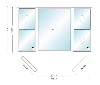 Andersen 400 Series Double Hung Bay Window 115 1/8" Wide Picture With Double Hung Flankers 45 Degree Angle Of Deflection Vinyl Exterior Wood Interior Low-E4 Dual Pane Argon Gas