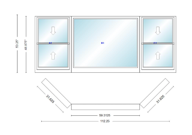 Andersen 400 Series Double Hung Bay Window 112 1/4" Wide Picture With Double Hung Flankers 45 Degree Angle Of Deflection Vinyl Exterior Wood Interior Low-E4 Dual Pane Argon Gas