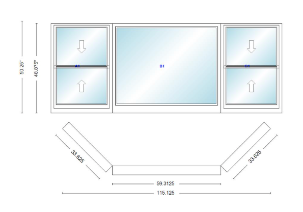 Andersen 400 Series Double Hung Bay Window 115 1/8" Wide Picture With Double Hung Flankers 45 Degree Angle Of Deflection Vinyl Exterior Wood Interior Low-E4 Dual Pane Argon Gas