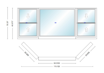 Andersen 400 Series Double Hung Bay Window 115 1/8" Wide Picture With Double Hung Flankers 45 Degree Angle Of Deflection Vinyl Exterior Wood Interior Low-E4 Dual Pane Argon Gas