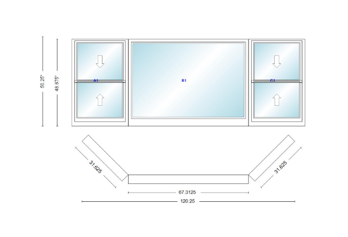 Andersen 400 Series Double Hung Bay Window 120 1/4" Wide Picture With Double Hung Flankers 45 Degree Angle Of Deflection Vinyl Exterior Wood Interior Low-E4 Dual Pane Argon Gas