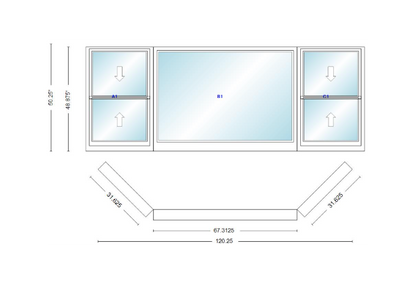 Andersen 400 Series Double Hung Bay Window 120 1/4" Wide Picture With Double Hung Flankers 45 Degree Angle Of Deflection Vinyl Exterior Wood Interior Low-E4 Dual Pane Argon Gas