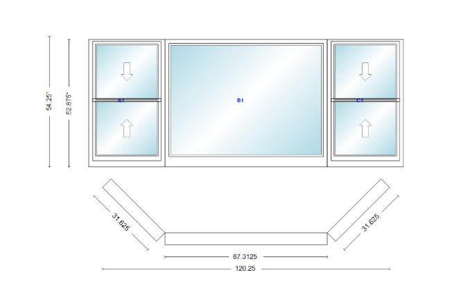 Andersen 400 Series Double Hung Bay Window 120 1/4" Wide Picture With Double Hung Flankers 45 Degree Angle Of Deflection Vinyl Exterior Wood Interior Low-E4 Dual Pane Argon Gas