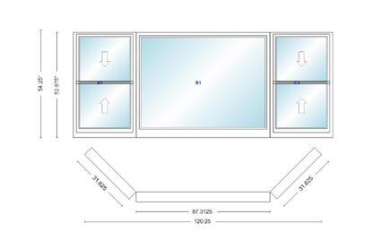 Andersen 400 Series Double Hung Bay Window 120 1/4" Wide Picture With Double Hung Flankers 45 Degree Angle Of Deflection Vinyl Exterior Wood Interior Low-E4 Dual Pane Argon Gas