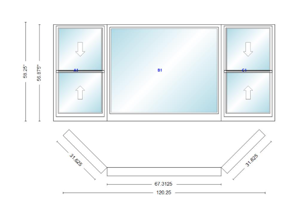 Andersen 400 Series Double Hung Bay Window 120 1/4" Wide Picture With Double Hung Flankers 45 Degree Angle Of Deflection Vinyl Exterior Wood Interior Low-E4 Dual Pane Argon Gas
