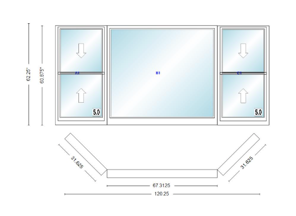 Andersen 400 Series Double Hung Bay Window 120 1/4" Wide Picture With Double Hung Flankers 45 Degree Angle Of Deflection Vinyl Exterior Wood Interior Low-E4 Dual Pane Argon Gas