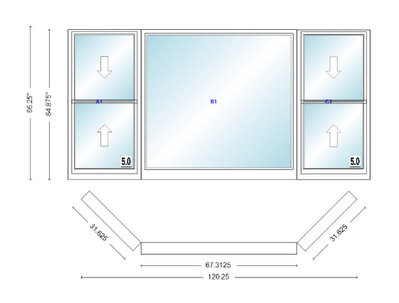 Andersen 400 Series Double Hung Bay Window 120 1/4" Wide Picture With Double Hung Flankers 45 Degree Angle Of Deflection Vinyl Exterior Wood Interior Low-E4 Dual Pane Argon Gas