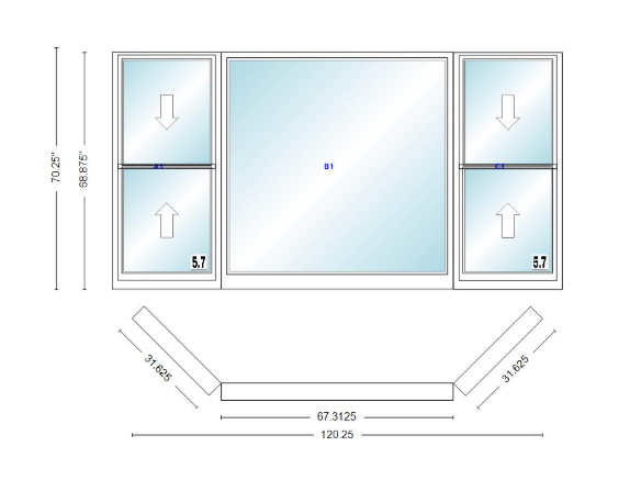 Andersen 400 Series Double Hung Bay Window 120 1/4" Wide Picture With Double Hung Flankers 45 Degree Angle Of Deflection Vinyl Exterior Wood Interior Low-E4 Dual Pane Argon Gas