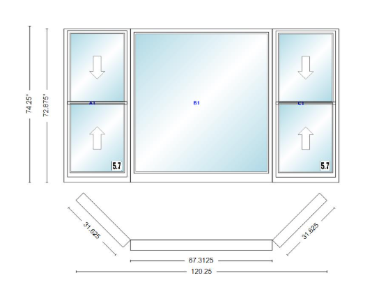 Andersen 400 Series Double Hung Bay Window 120 1/4" Wide Picture With Double Hung Flankers 45 Degree Angle Of Deflection Vinyl Exterior Wood Interior Low-E4 Dual Pane Argon Gas