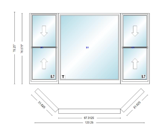 Andersen 400 Series Double Hung Bay Window 120 1/4" Wide Picture With Double Hung Flankers 45 Degree Angle Of Deflection Vinyl Exterior Wood Interior Low-E4 Dual Pane Argon Gas