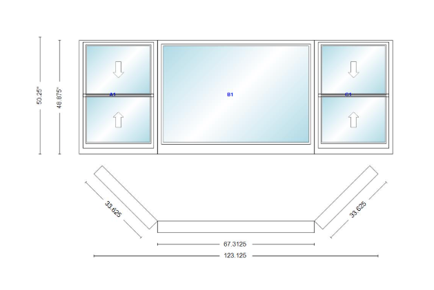 Andersen 400 Series Double Hung Bay Window 123 1/8" Wide Picture With Double Hung Flankers 45 Degree Angle Of Deflection Vinyl Exterior Wood Interior Low-E4 Dual Pane Argon Gas