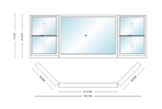Andersen 400 Series Double Hung Bay Window 123 1/8" Wide Picture With Double Hung Flankers 45 Degree Angle Of Deflection Vinyl Exterior Wood Interior Low-E4 Dual Pane Argon Gas