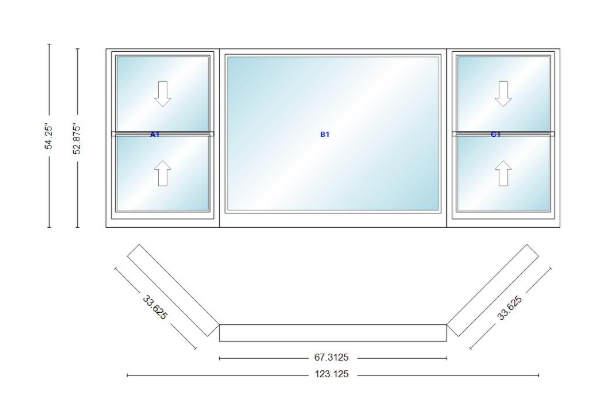 Andersen 400 Series Double Hung Bay Window 123 1/8" Wide Picture With Double Hung Flankers 45 Degree Angle Of Deflection Vinyl Exterior Wood Interior Low-E4 Dual Pane Argon Gas