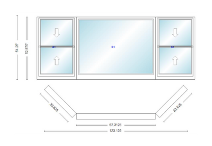 Andersen 400 Series Double Hung Bay Window 123 1/8" Wide Picture With Double Hung Flankers 45 Degree Angle Of Deflection Vinyl Exterior Wood Interior Low-E4 Dual Pane Argon Gas