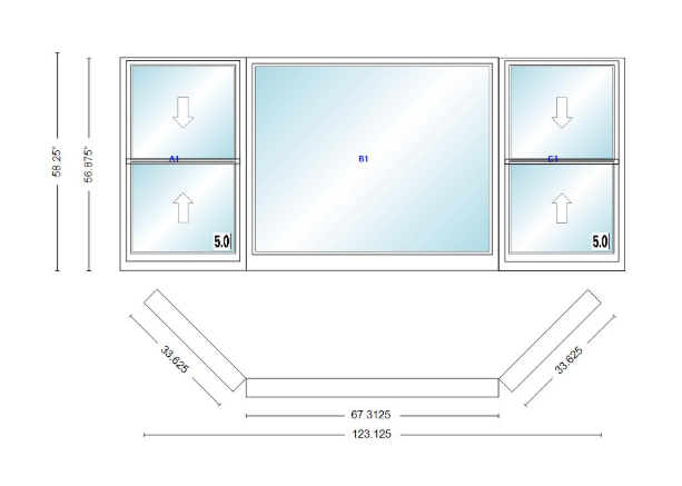 Andersen 400 Series Double Hung Bay Window 123 1/8" Wide Picture With Double Hung Flankers 45 Degree Angle Of Deflection Vinyl Exterior Wood Interior Low-E4 Dual Pane Argon Gas