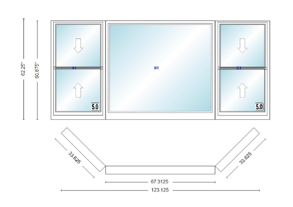 Andersen 400 Series Double Hung Bay Window 123 1/8" Wide Picture With Double Hung Flankers 45 Degree Angle Of Deflection Vinyl Exterior Wood Interior Low-E4 Dual Pane Argon Gas