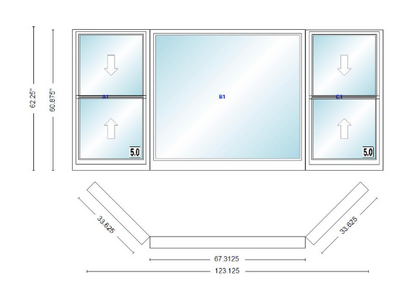 Andersen 400 Series Double Hung Bay Window 123 1/8" Wide Picture With Double Hung Flankers 45 Degree Angle Of Deflection Vinyl Exterior Wood Interior Low-E4 Dual Pane Argon Gas
