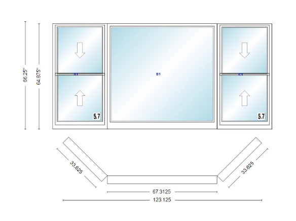 Andersen 400 Series Double Hung Bay Window 123 1/8" Wide Picture With Double Hung Flankers 45 Degree Angle Of Deflection Vinyl Exterior Wood Interior Low-E4 Dual Pane Argon Gas