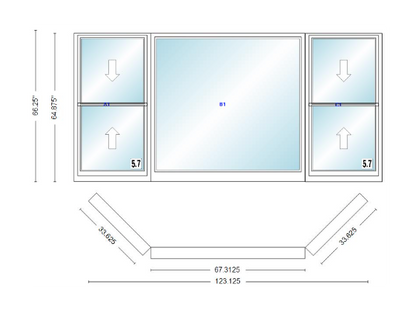 Andersen 400 Series Double Hung Bay Window 123 1/8" Wide Picture With Double Hung Flankers 45 Degree Angle Of Deflection Vinyl Exterior Wood Interior Low-E4 Dual Pane Argon Gas