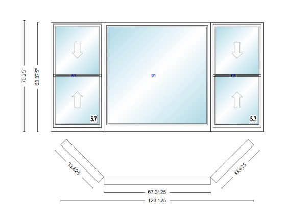 Andersen 400 Series Double Hung Bay Window 123 1/8" Wide Picture With Double Hung Flankers 45 Degree Angle Of Deflection Vinyl Exterior Wood Interior Low-E4 Dual Pane Argon Gas