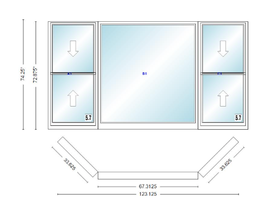 Andersen 400 Series Double Hung Bay Window 123 1/8" Wide Picture With Double Hung Flankers 45 Degree Angle Of Deflection Vinyl Exterior Wood Interior Low-E4 Dual Pane Argon Gas