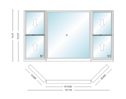 Andersen 400 Series Double Hung Bay Window 123 1/8" Wide Picture With Double Hung Flankers 45 Degree Angle Of Deflection Vinyl Exterior Wood Interior Low-E4 Dual Pane Argon Gas