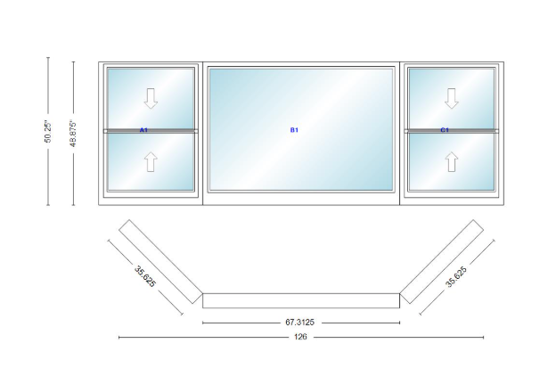 Andersen 400 Series Double Hung Bay Window 126" Wide Picture With Double Hung Flankers 45 Degree Angle Of Deflection Vinyl Exterior Wood Interior Low-E4 Dual Pane Argon Gas