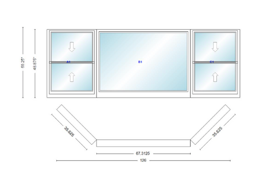 Andersen 400 Series Double Hung Bay Window 126" Wide Picture With Double Hung Flankers 45 Degree Angle Of Deflection Vinyl Exterior Wood Interior Low-E4 Dual Pane Argon Gas