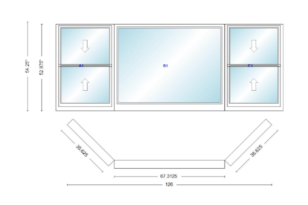 Andersen 400 Series Double Hung Bay Window 126" Wide Picture With Double Hung Flankers 45 Degree Angle Of Deflection Vinyl Exterior Wood Interior Low-E4 Dual Pane Argon Gas