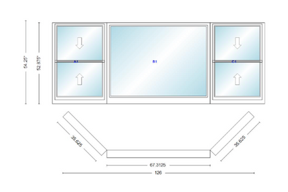 Andersen 400 Series Double Hung Bay Window 126" Wide Picture With Double Hung Flankers 45 Degree Angle Of Deflection Vinyl Exterior Wood Interior Low-E4 Dual Pane Argon Gas