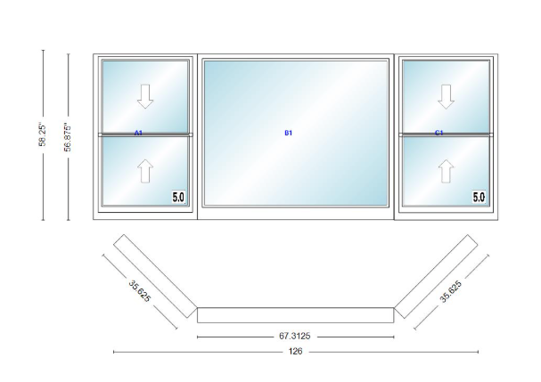 Andersen 400 Series Double Hung Bay Window 126" Wide Picture With Double Hung Flankers 45 Degree Angle Of Deflection Vinyl Exterior Wood Interior Low-E4 Dual Pane Argon Gas