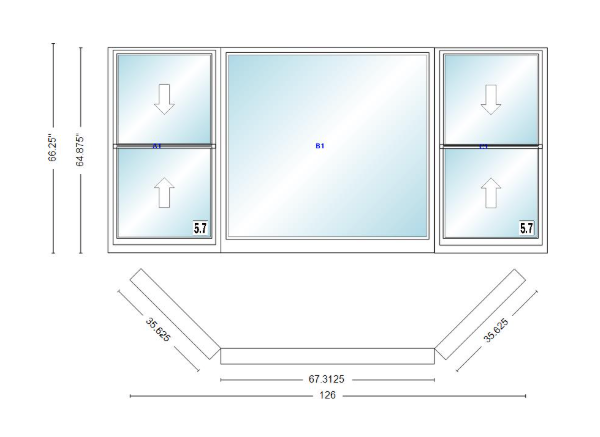 Andersen 400 Series Double Hung Bay Window 126" Wide Picture With Double Hung Flankers 45 Degree Angle Of Deflection Vinyl Exterior Wood Interior Low-E4 Dual Pane Argon Gas