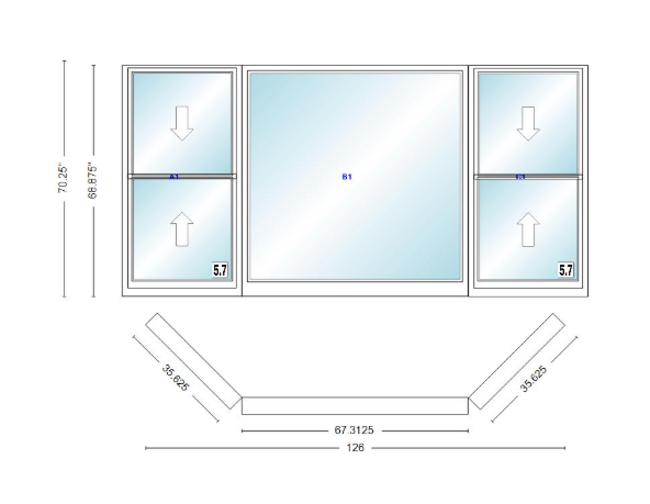 Andersen 400 Series Double Hung Bay Window 126" Wide Picture With Double Hung Flankers 45 Degree Angle Of Deflection Vinyl Exterior Wood Interior Low-E4 Dual Pane Argon Gas