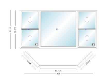 Andersen 400 Series Double Hung Bay Window 126" Wide Picture With Double Hung Flankers 45 Degree Angle Of Deflection Vinyl Exterior Wood Interior Low-E4 Dual Pane Argon Gas