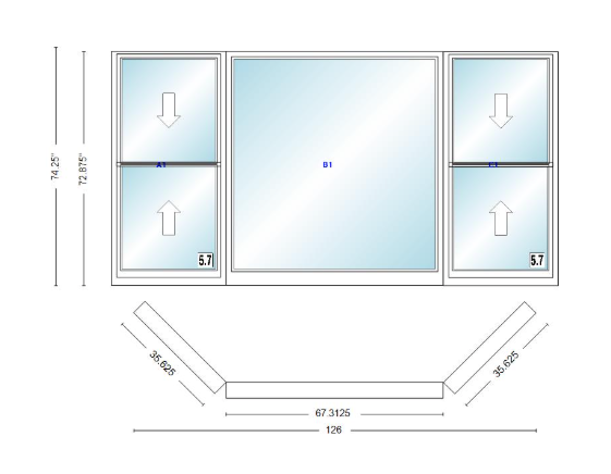 Andersen 400 Series Double Hung Bay Window 126" Wide Picture With Double Hung Flankers 45 Degree Angle Of Deflection Vinyl Exterior Wood Interior Low-E4 Dual Pane Argon Gas
