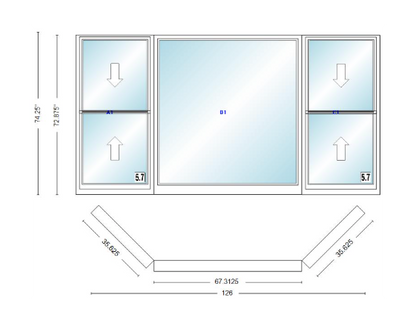 Andersen 400 Series Double Hung Bay Window 126" Wide Picture With Double Hung Flankers 45 Degree Angle Of Deflection Vinyl Exterior Wood Interior Low-E4 Dual Pane Argon Gas