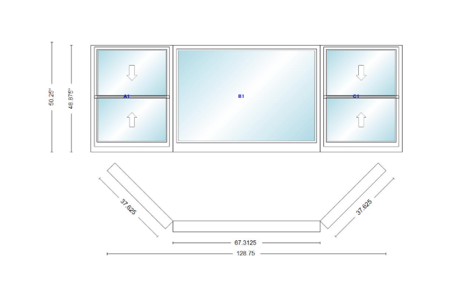 Andersen 400 Series Double Hung Bay Window 128 3/4" Wide Picture With Double Hung Flankers 45 Degree Angle Of Deflection Vinyl Exterior Wood Interior Low-E4 Dual Pane Argon Gas