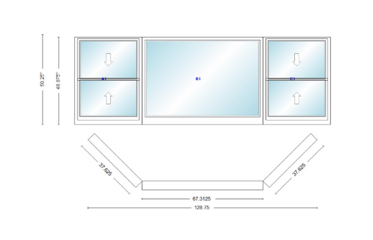 Andersen 400 Series Double Hung Bay Window 128 3/4" Wide Picture With Double Hung Flankers 45 Degree Angle Of Deflection Vinyl Exterior Wood Interior Low-E4 Dual Pane Argon Gas