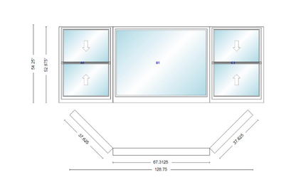 Andersen 400 Series Double Hung Bay Window 128 3/4" Wide Picture With Double Hung Flankers 45 Degree Angle Of Deflection Vinyl Exterior Wood Interior Low-E4 Dual Pane Argon Gas