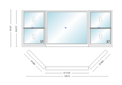 Andersen 400 Series Double Hung Bay Window 128 3/4" Wide Picture With Double Hung Flankers 45 Degree Angle Of Deflection Vinyl Exterior Wood Interior Low-E4 Dual Pane Argon Gas