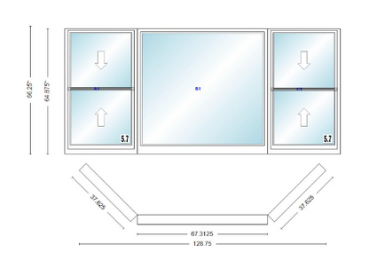 Andersen 400 Series Double Hung Bay Window 128 3/4" Wide Picture With Double Hung Flankers 45 Degree Angle Of Deflection Vinyl Exterior Wood Interior Low-E4 Dual Pane Argon Gas