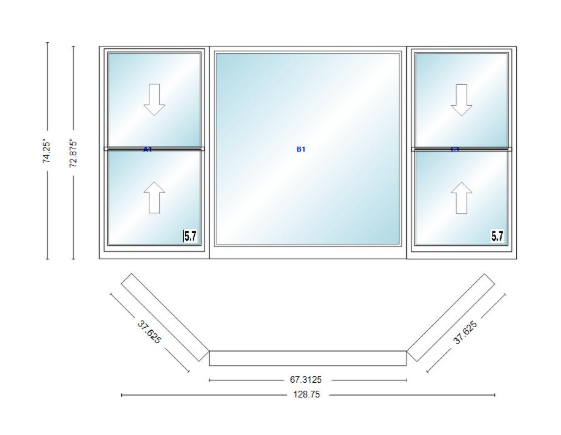 Andersen 400 Series Double Hung Bay Window 128 3/4" Wide Picture With Double Hung Flankers 45 Degree Angle Of Deflection Vinyl Exterior Wood Interior Low-E4 Dual Pane Argon Gas
