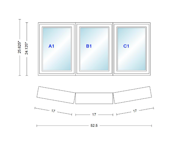 Andersen 400 Series 3 Wide Casement Bow Window 52 1/2" Wide Fixed Casement With Casement Flankers 10 Degree Angle Of Deflection Vinyl Exterior Wood Interior Low-E4 Dual Pane Argon Gas