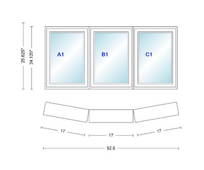Andersen 400 Series 3 Wide Casement Bow Window 52 1/2" Wide Fixed Casement With Casement Flankers 10 Degree Angle Of Deflection Vinyl Exterior Wood Interior Low-E4 Dual Pane Argon Gas